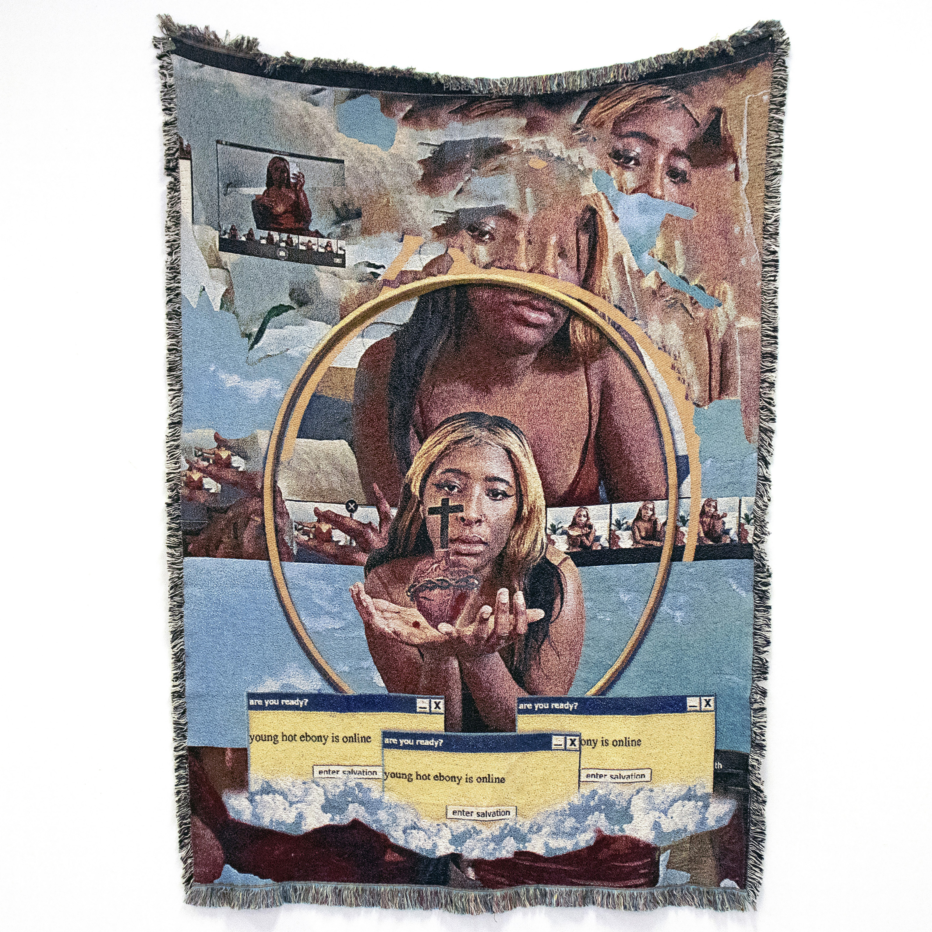 A selfie-inspired tapestry, The Black Madonna/Whore Complex (2021), made by Qualeasha Wood