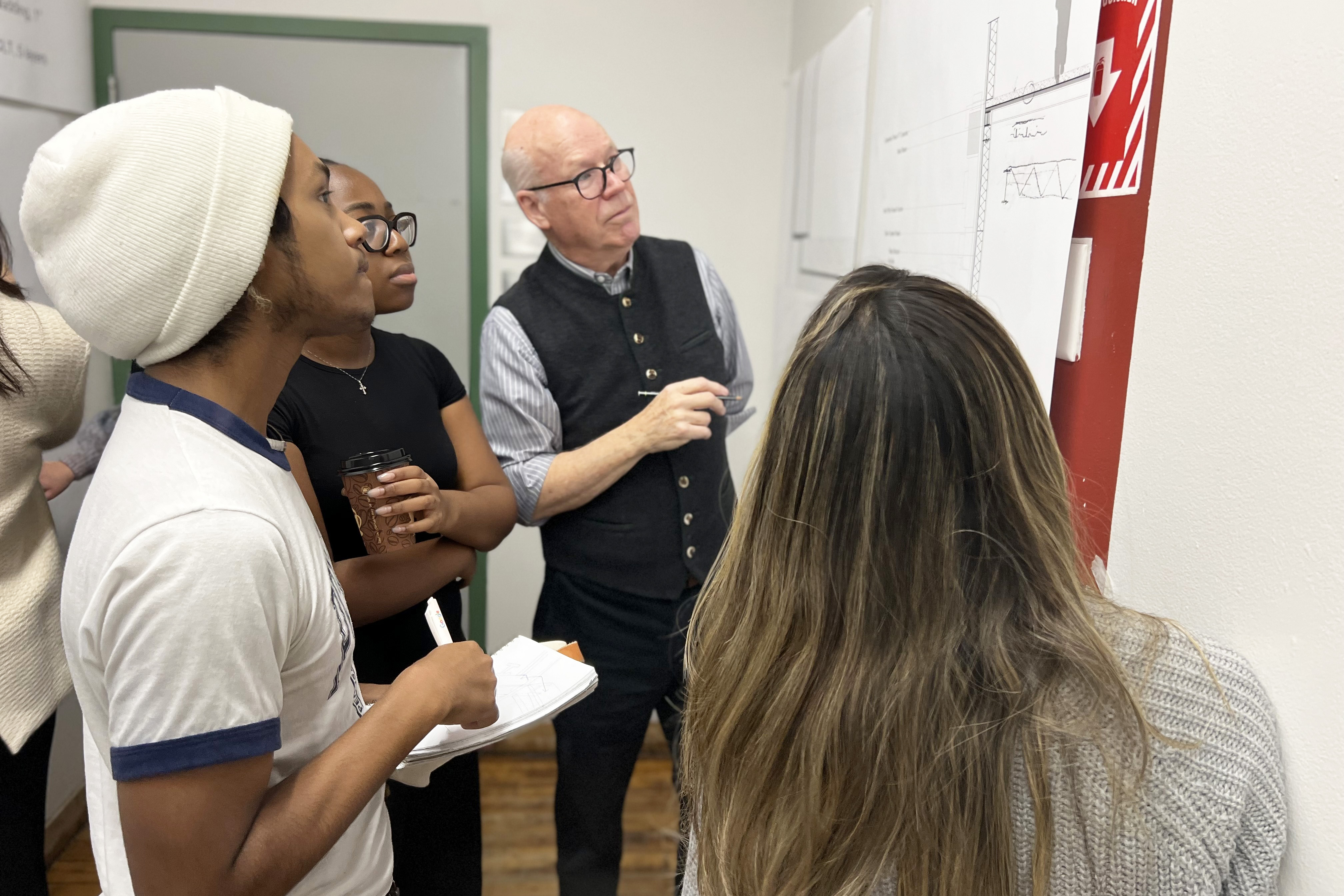 Professor Emeritus Jim Barnes gives undergrad Architecture students feedback