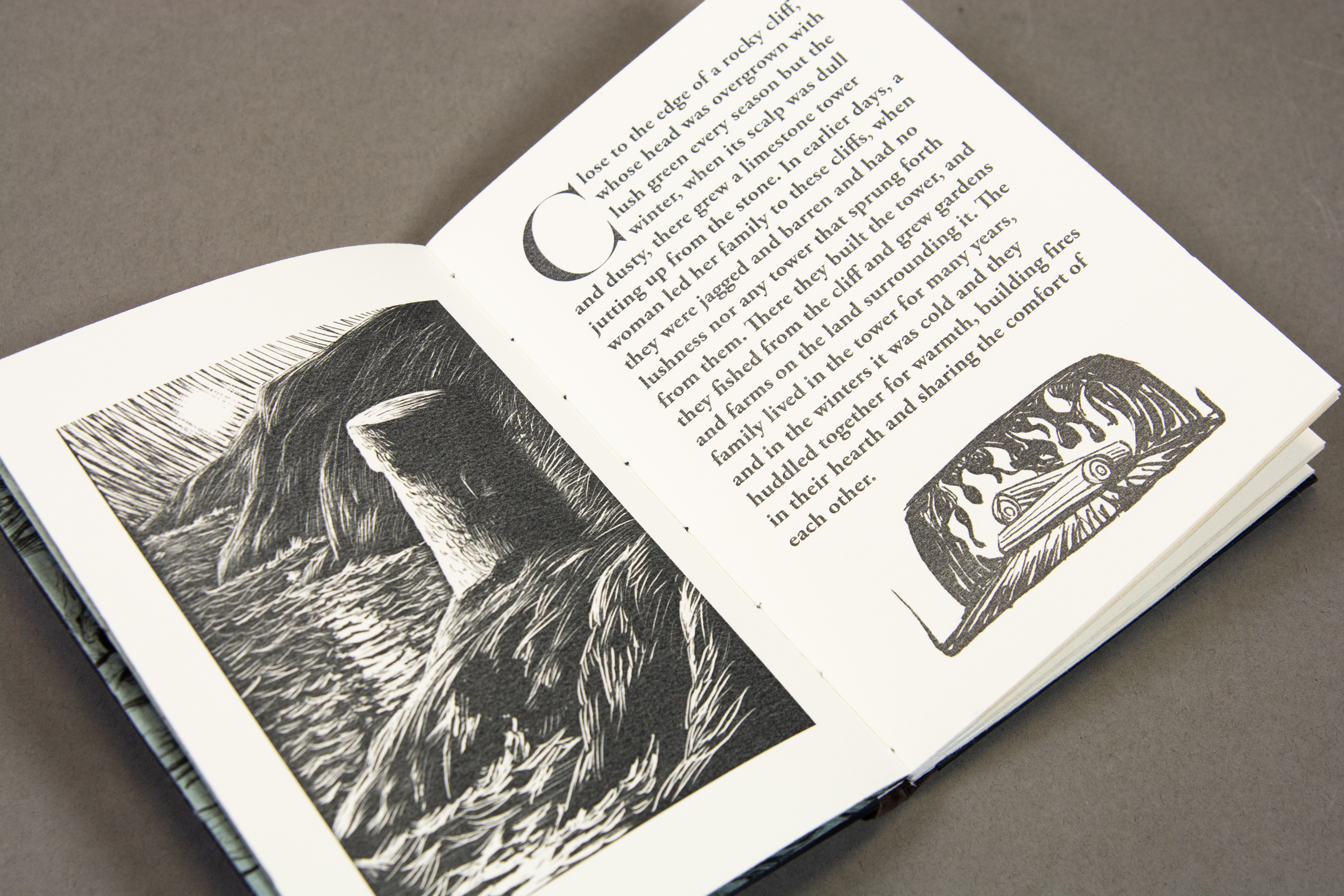 An open book with a black and white illustration of a landscape scene on the left page and text on the right page