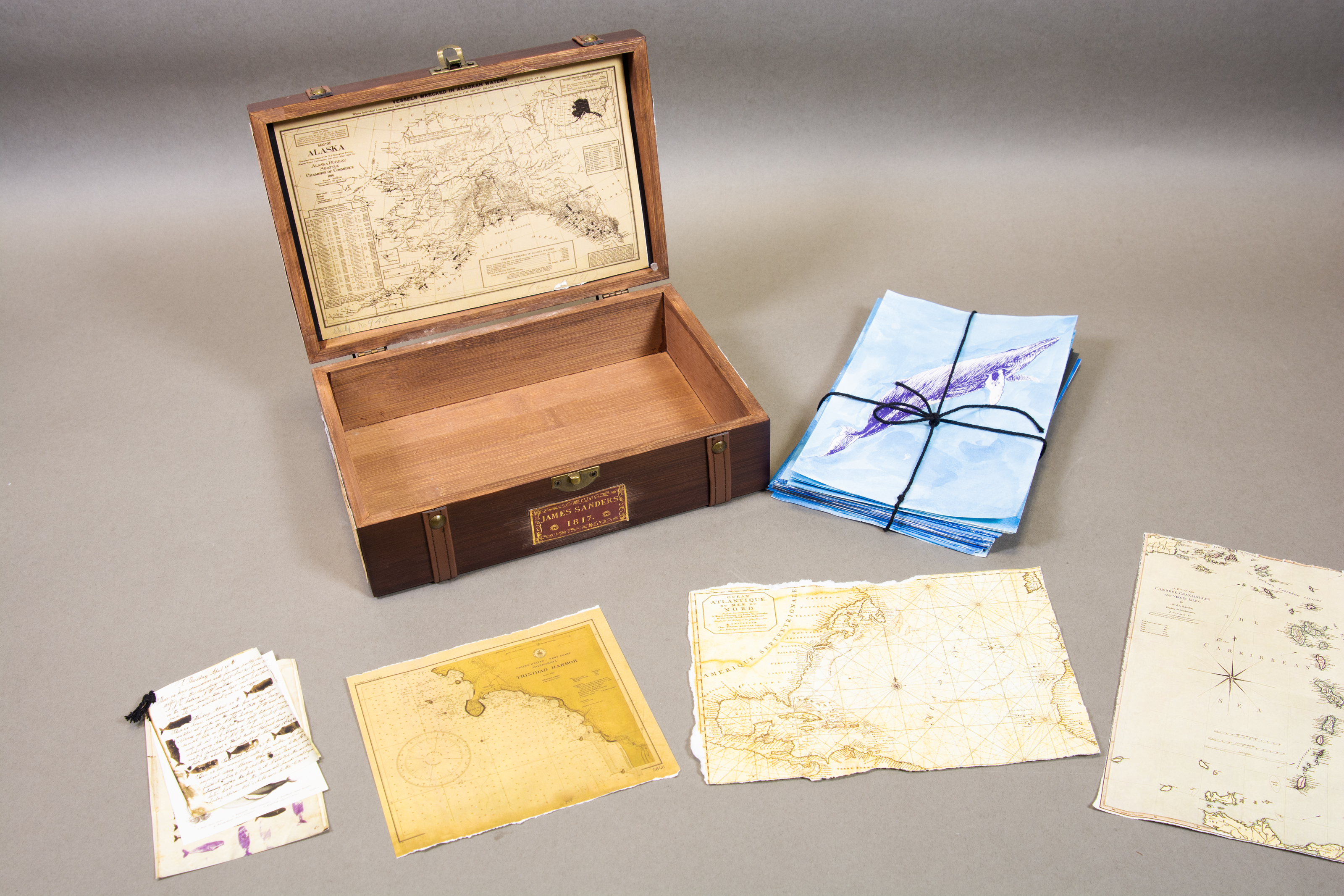 A wooden box made by Danielle Kim open with hand drawn maps and a series of watercolor illustrations of whale migration patters scattered around it