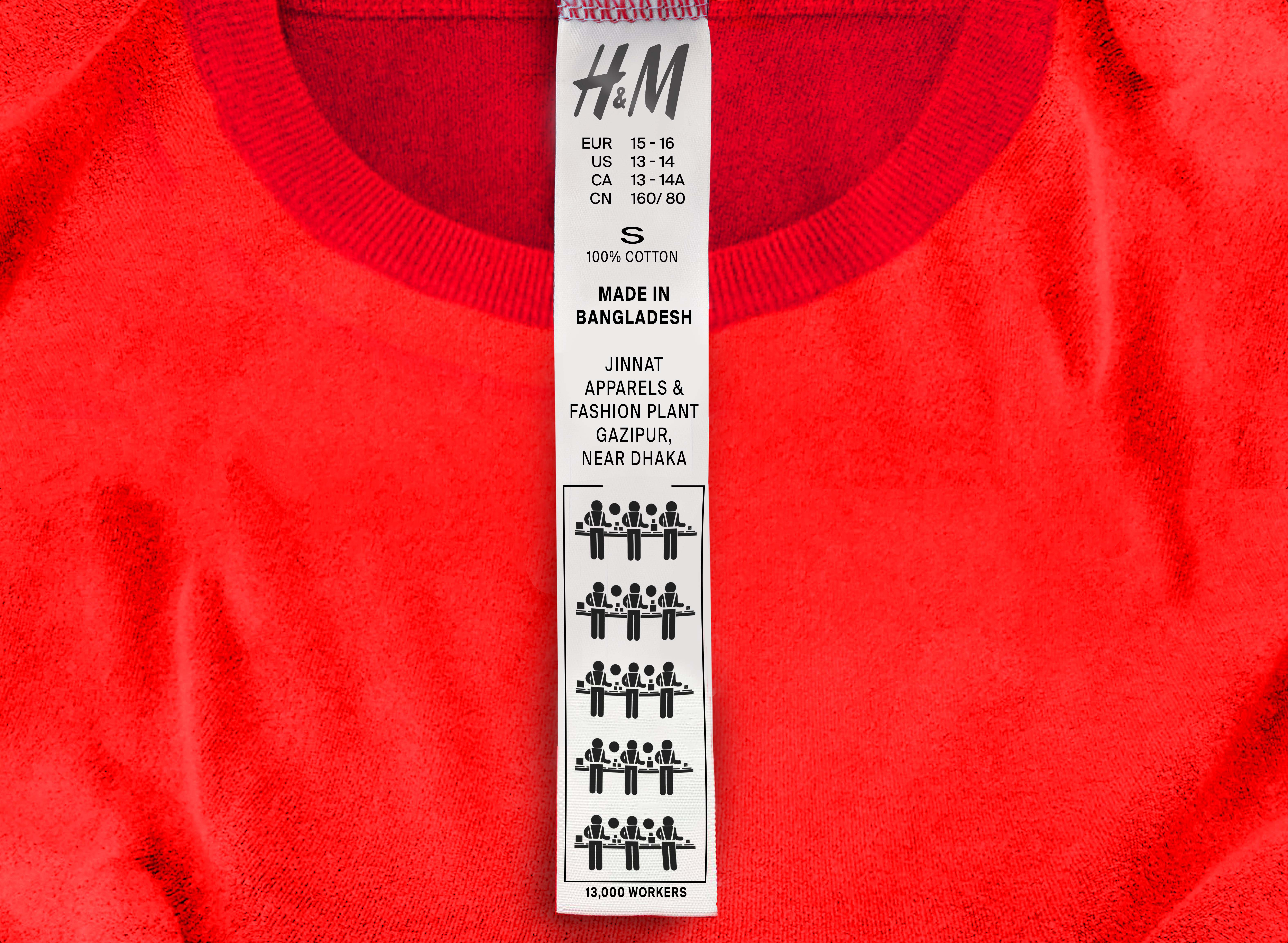 revised H&M label speaking to fast fashion's worker exploitation
