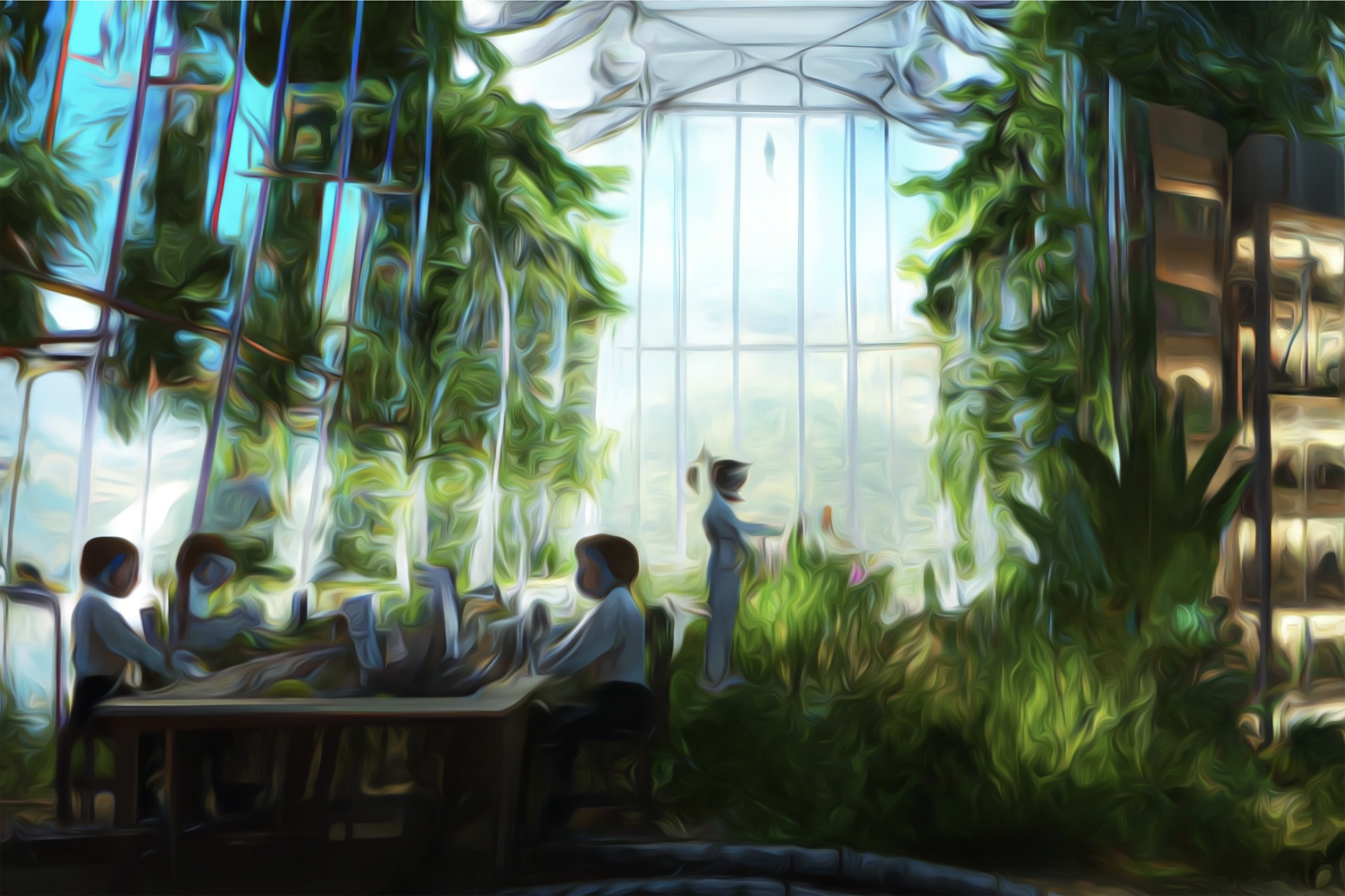 An AI generated illustration of sophomore Oscan Tangen's final project, a kind of "Nature Lab 2.0" which appears as a large greenhouse