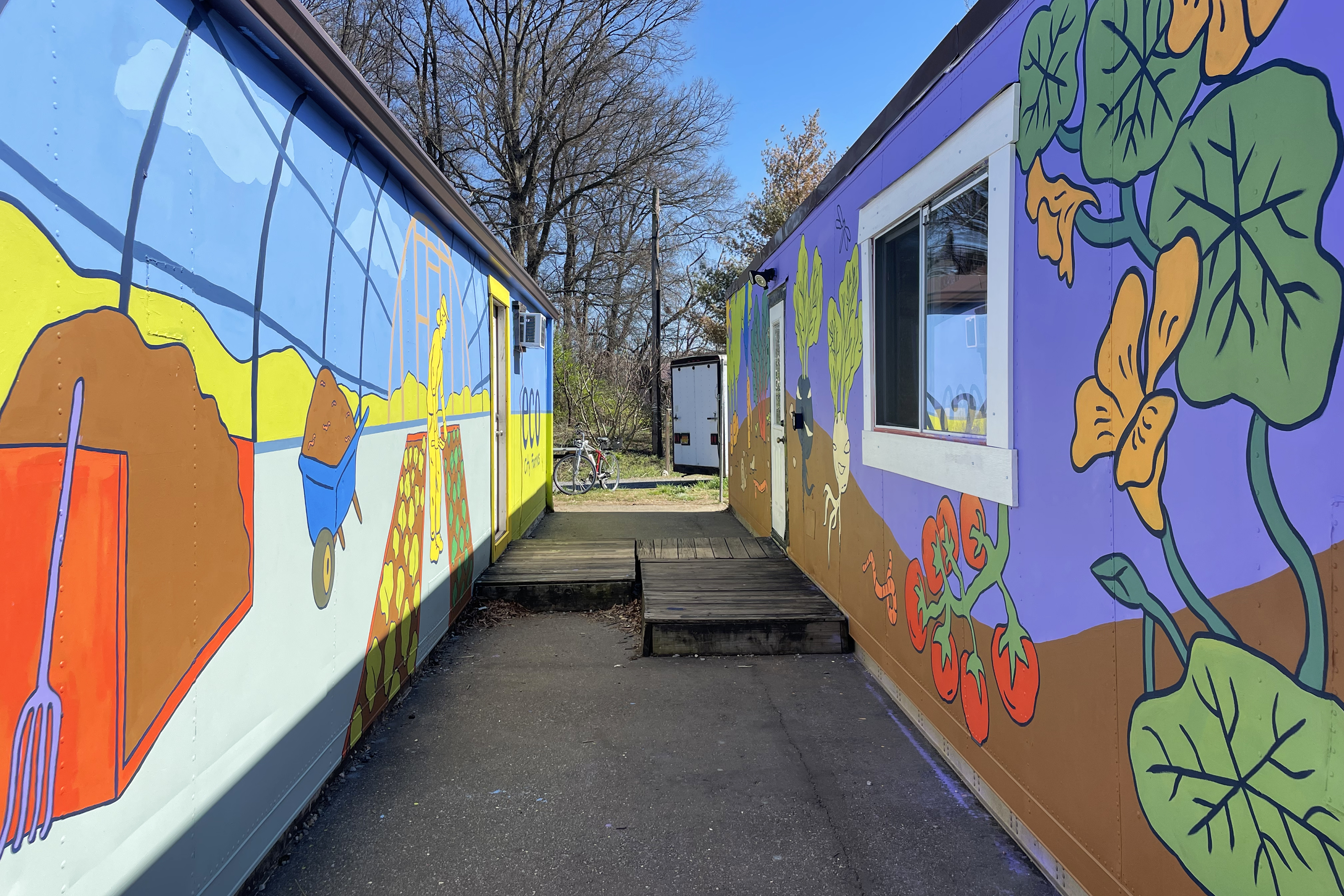 The entryways to two shipping containers with murals painted on them featuring tomatoes, radishes, greens, soil, worms and the Eco City logo