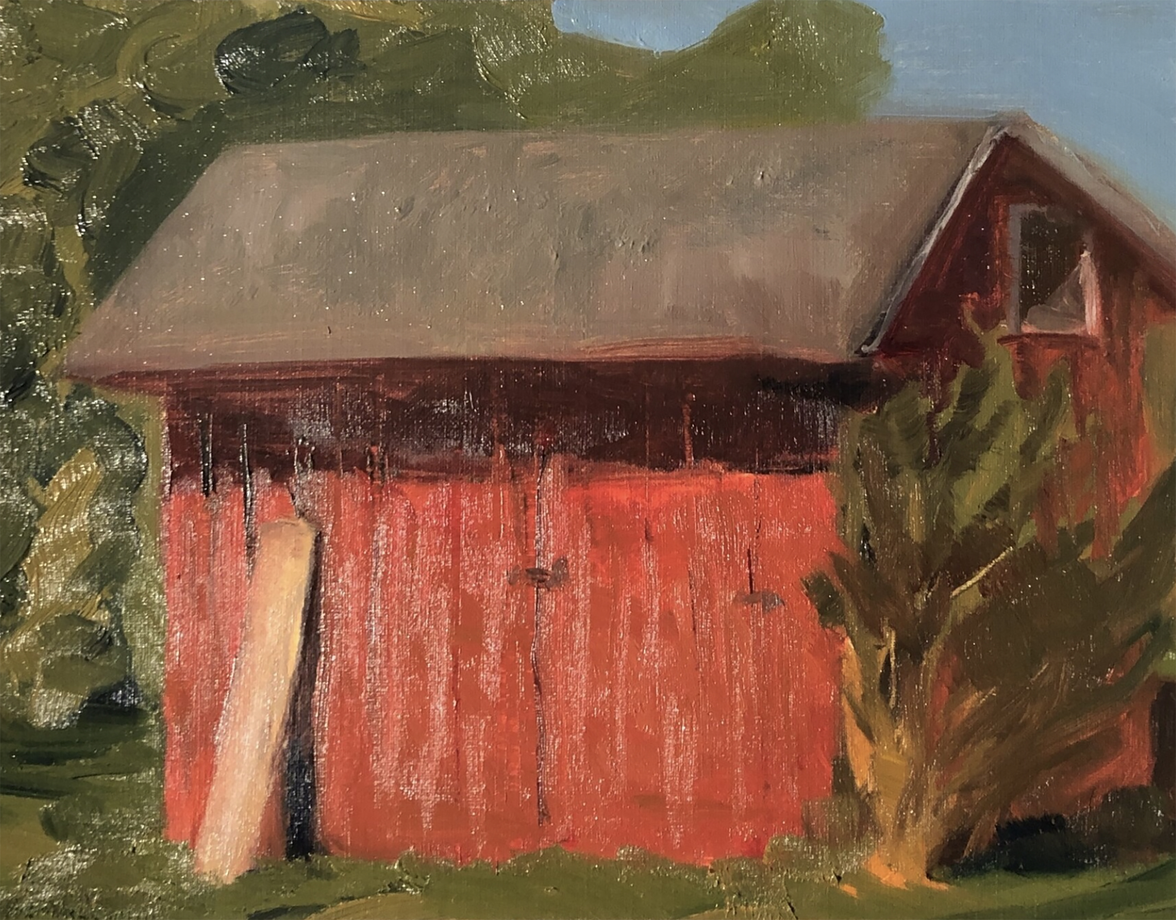 painting of red outbuilding by Davidson