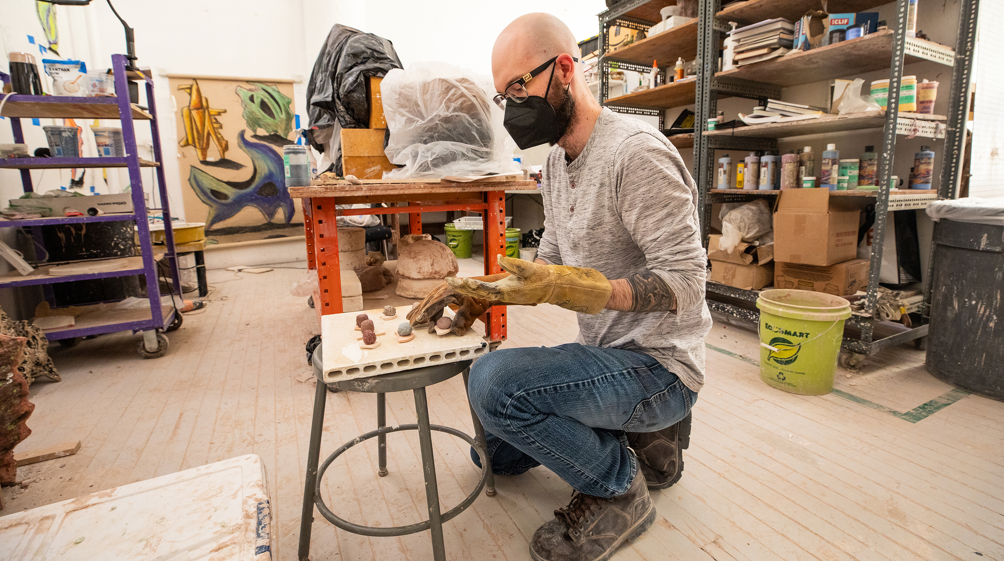 Jacob Sussman gathering materials samples in the Metcalf Building