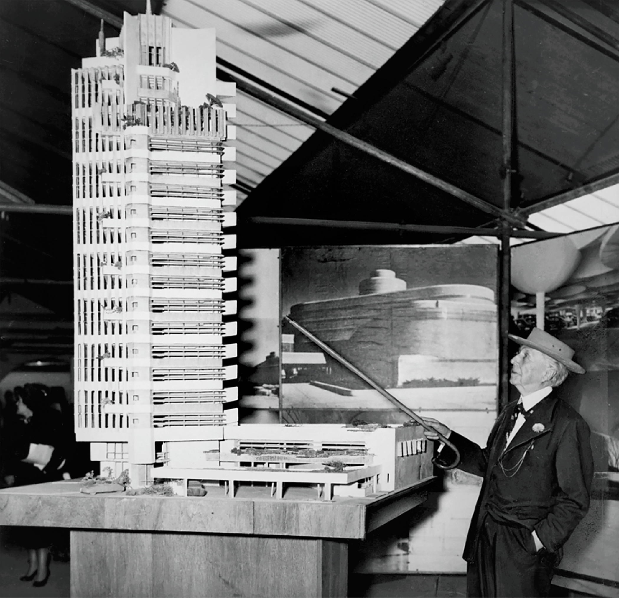 Frank Lloyd Wright presents model of Price Tower in the 1950s