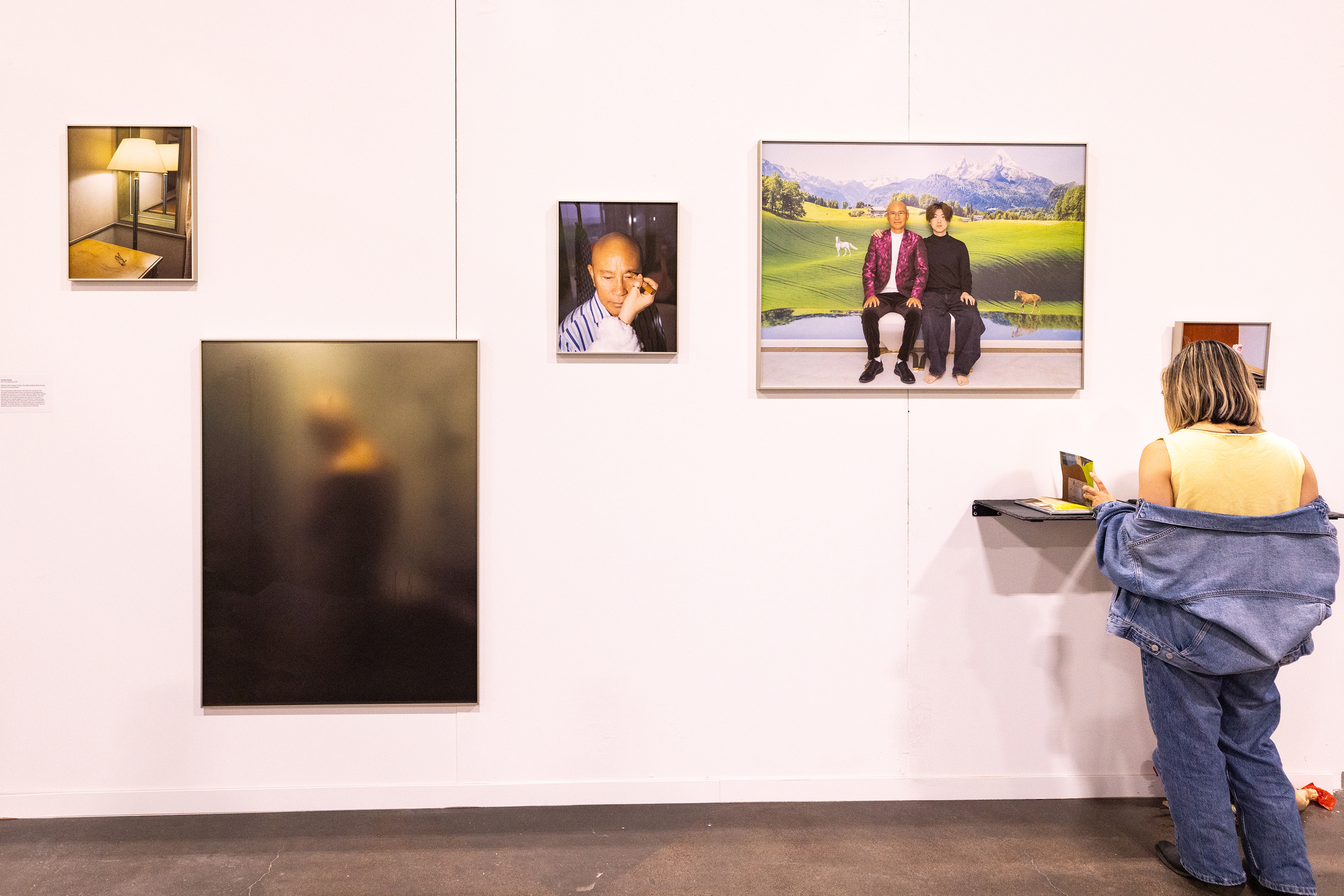 a lone viewer against a wall of color photographs