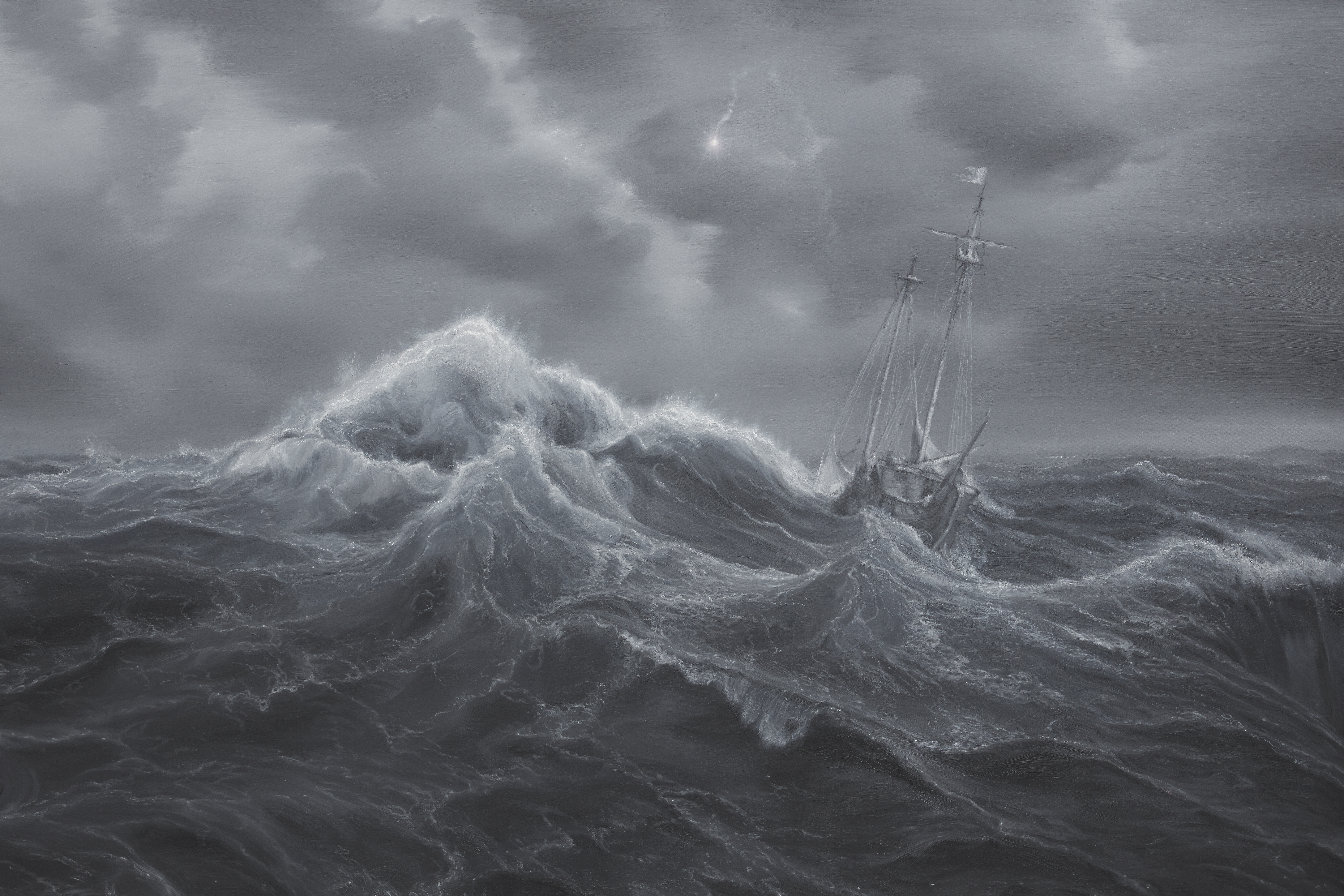 black-and-white illustration of an old-fashioned ship in a turbulent sea