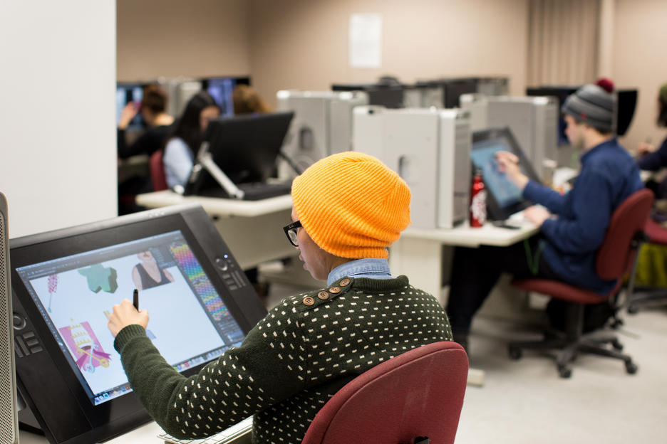 students working on digital drafting tables at RISD’s Illustration studios