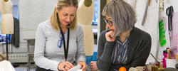 a RISD student and faculty member talk at a workstation inside the Apparel Design studios