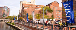 View across the Providence river of RISD banners.