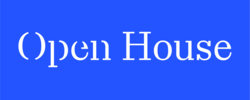The words "Open House" printed in white letters against a blue background