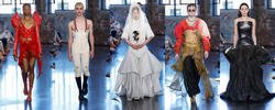 five separate images of fashion models walking the runway