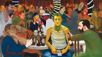 Alumni painting showing a man in a crowded bar while on his phone