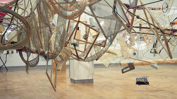 a sprawling mixed material installation hangs inside the Interior Architecture studios