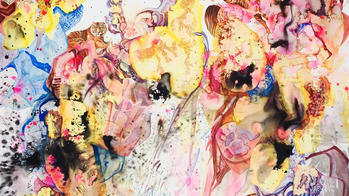 a colorful painting concealing images of two tigers, made by RISD graduate alum Sofia Ortiz