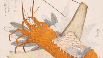 Japanese print showing a lobster with dishes on its back