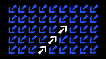 A field of blue arrows surrounds three white arrows