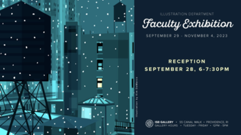 poster with illustration of snow falling at night by Kim DeMarco