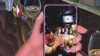 Illustration of a hand holding a phone at a bar