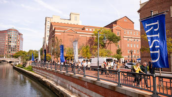 View across the Providence river of RISD banners.