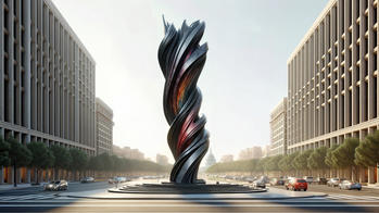 a digital rendering of a large braided sculpture standing in the middle of a city walkway