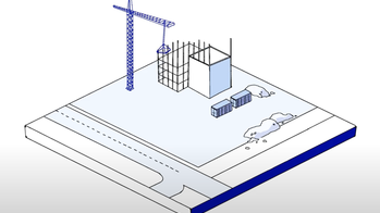 a blue-on-white rendering of a construction site