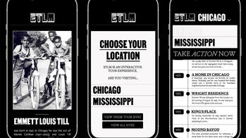 three smartphone-scaled images from the Emmett Till Memory Project app