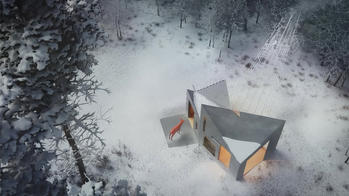 image of a deer approaching a modern house in the woods