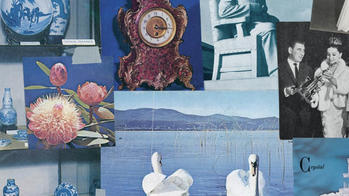a collage of photos including images of two swans, an antique clock, flowers, fine china plates and cups, and more