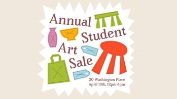 graphic with brightly colored icons of furniture and art items with annual student art sale text