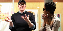 Museum educator Michelle Grohe MA 02 and Neighborhood Salon Luminary Fabiola Méndez Quiñones in the Bertucci Education Studio at Boston’s Isabella Stewart Gardner Museum