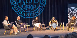 Designer and Clever podcast co-host Amy Devers MFA 01 FD (far left) leads a panel discussion at RISD