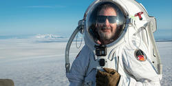 Industrial Design faculty member Michael Lye 96 ID in the Mars Suit 1 (MS1) during a glacial expedition in Iceland