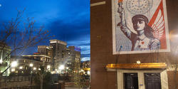 Image by Shepard Fairey 92 IL projected on RISD building