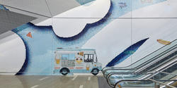 Large ceramic work in La Guardia airport of the culture and quirky charms of New York City by Laura Owens 92 PT