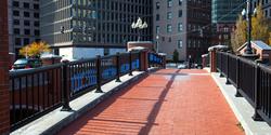 the words "Good Work" painted down the length of a foot bridge in the middle of RISD's downtown Providence campus