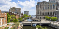 a view of RISD's campus and canal walk in spring