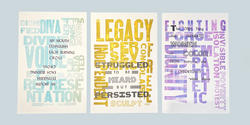 Three educational posters featuring words in various colors, sizes and orientations