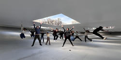 students on a trip to Japan celebrate the contemporary architecture with a big jump