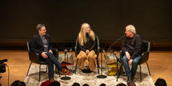 Dan Cavicchi leads panel discussion with Weymouth and Frantz at Brown's Martinos Theater