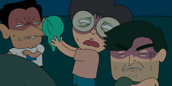 A still from an animation showing three friends holding a baby alien