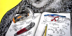 An illustration of science equations in a book and other tools