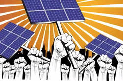 Graphic of hands holding up solar panels