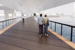 rendering of pedestrians on a walkway suspended underneath the bridge