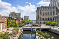 a view of RISD's campus and canal walk in spring