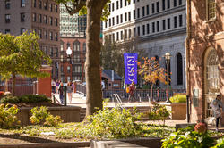 a blue flag with the letters RISD hangs in downtown Providence as students walk near green and gold foliage