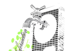 a black-and-white graphic rendition of a faucet attached to a building, with cursive writing running from its spout, surrounded by neon green dots