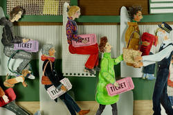 collage work showing illustrated people holding real-world tickets