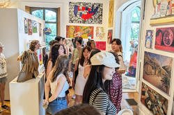 Crowded Pre-College exhibition opening in the Woods-Gerry Gallery